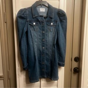 Denim shacket / mini dress with puff shoulder detail